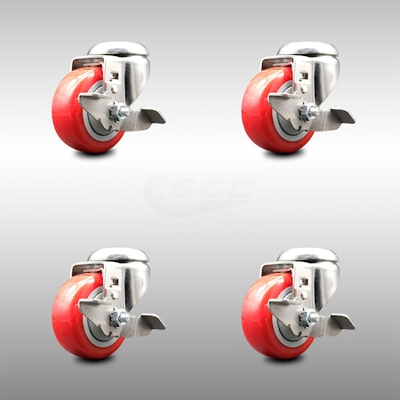 Service Caster 3.5 Inch 316SS Red Polyurethane Wheel Swivel Bolt Hole Caster Set with Brake SCC-SS316BH20S3514-PPUB-RED-TLB-4